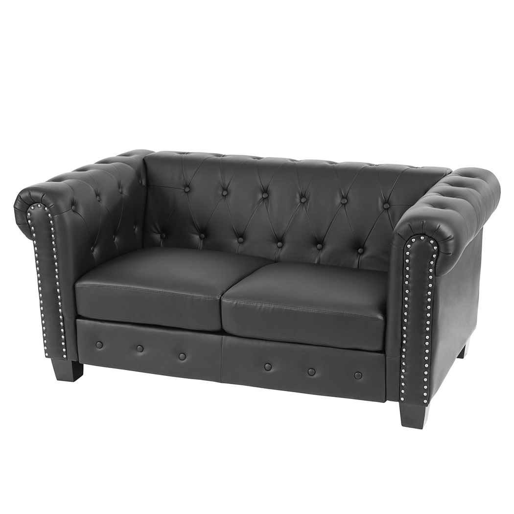 Sofa 2-osobowa CHESTER, Klasyczny i Elegancki Design, Skóra, Kwadratowe Nóżki, Kolor Czarny