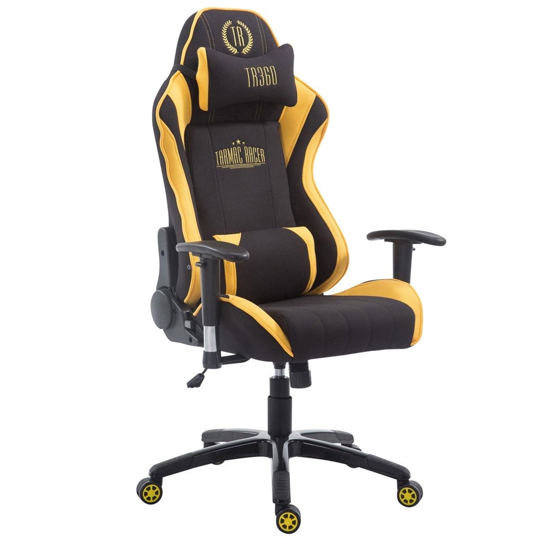 Krzesło Gamingowe TURBO TKANINA, Odchylane Oparcie, Poduszki: Lędźwiowa i Szyjna, Czarno-Żółte