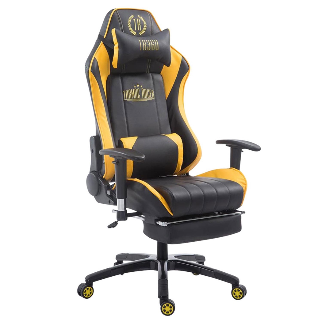 Krzesło Gamingowe TURBO z Podnóżkiem, Odchylane Oparcie, Poduszki: Lędźwiowa i Szyjna, Czarno-Żółte