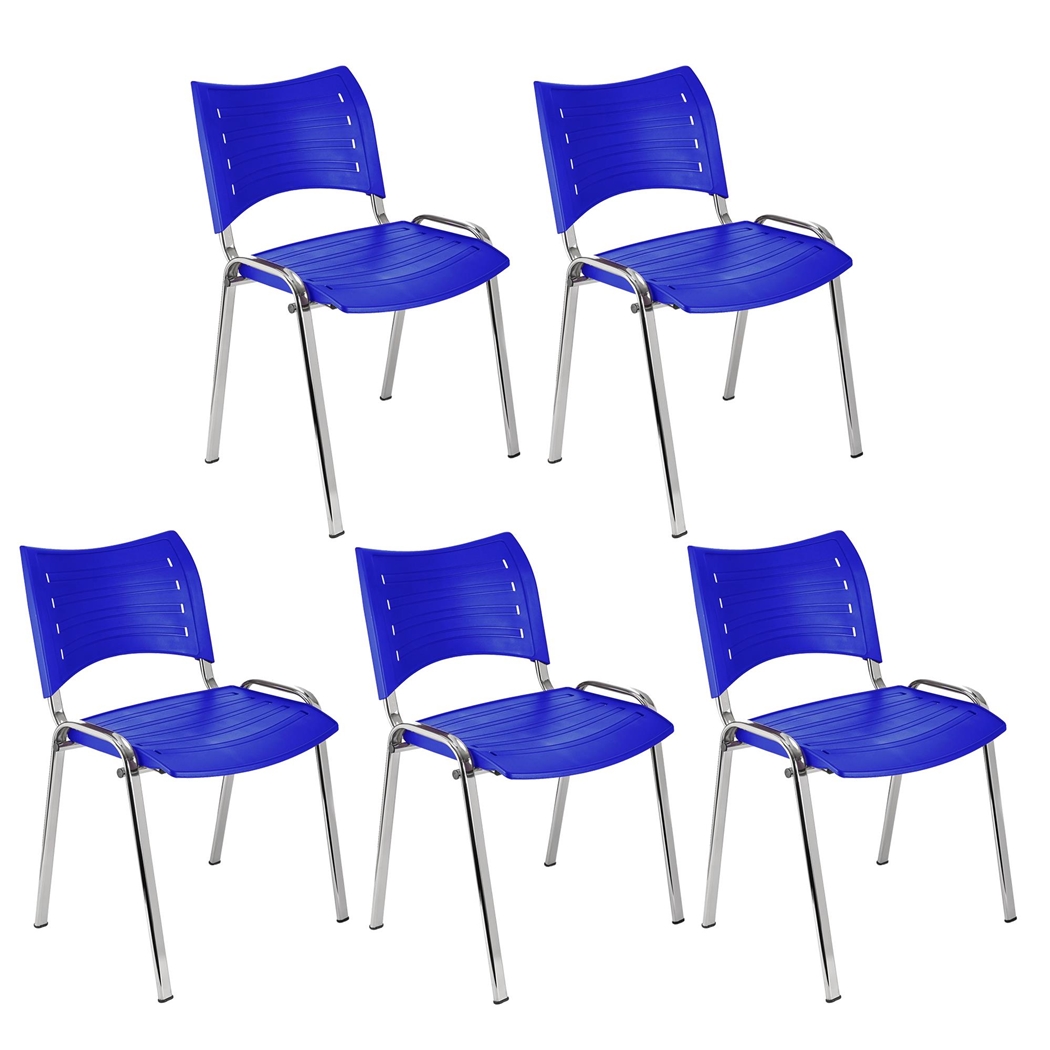 Zestaw 5 szt. Krzesła Konferencyjne ELVA, Sztaplowane i Bardzo Praktyczne, Wysoka Jakość, Niebieskie i Chromowane Nogi