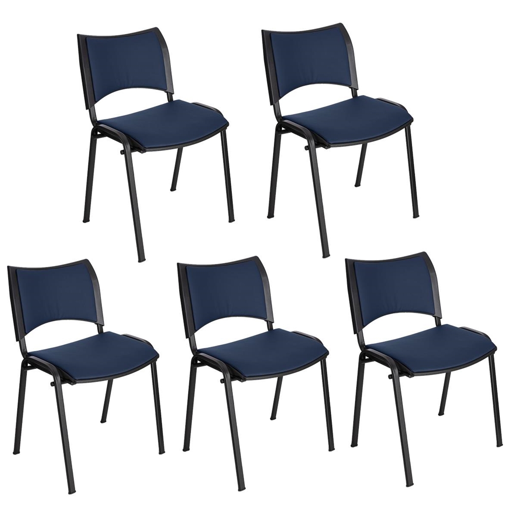 Zestaw 5 szt. Krzesło Konferencyjne ROMEL SKÓRA, Sztaplowane, Czarne Nogi, Niebieskie