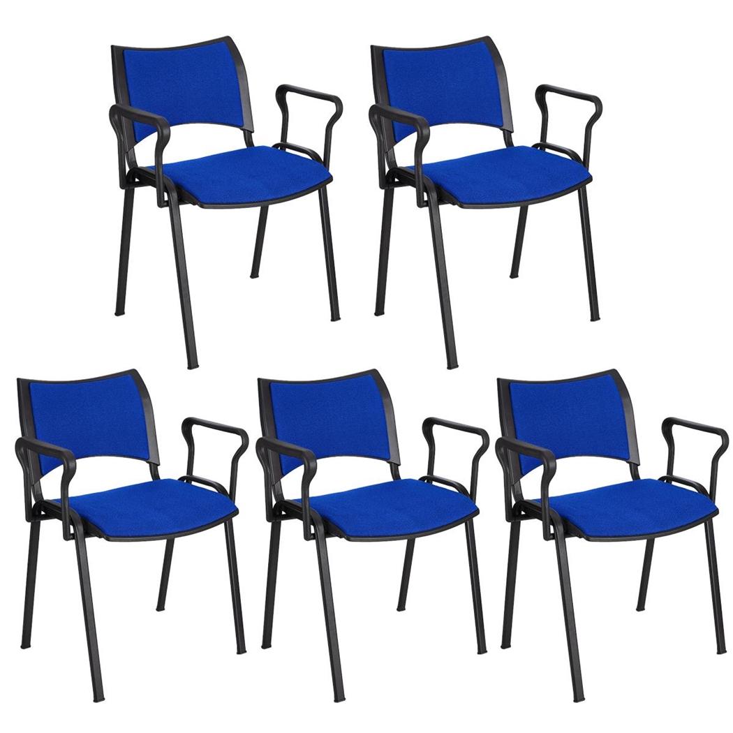 Zestaw 5 szt. Krzesło Konferencyjne ROMEL Z PODŁOKIETNIKAMI, Sztaplowane, Czarne Nogi, Tkanina, Niebieskie