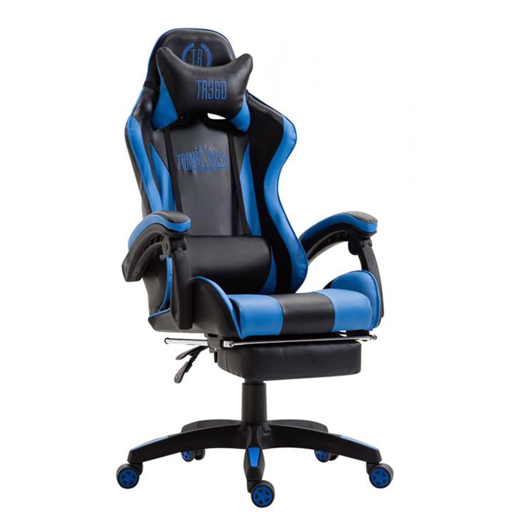 Krzesło Gamingowe POKER z Podnóżkiem, Poduszki Lędźwiowa i Szyjna, Skóra kolor Niebieski