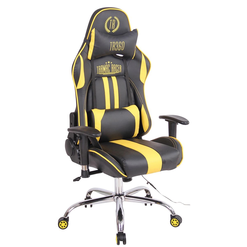 Krzesło Gamingowe INDY, Odchylane Oparcie, Funkcja Podgrzewania i Masażu, Skóra, Czarno-Żółte
