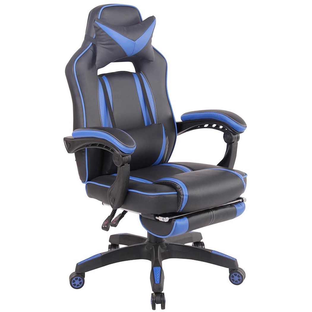 Krzesło Gamingowe MARQUEZ, Ekskluzywny Design, Poduszki Lędźwiowa i Szyjna, Skóra, Niebiesko-Czarne