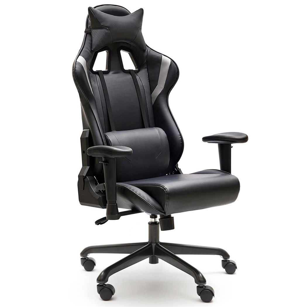 Krzesło Gamingowe ORION, Oparcie Odchylane do 160º, Poduszka Lędźwiowa i Szyjna, Skóra, kolor Czarno-Szary