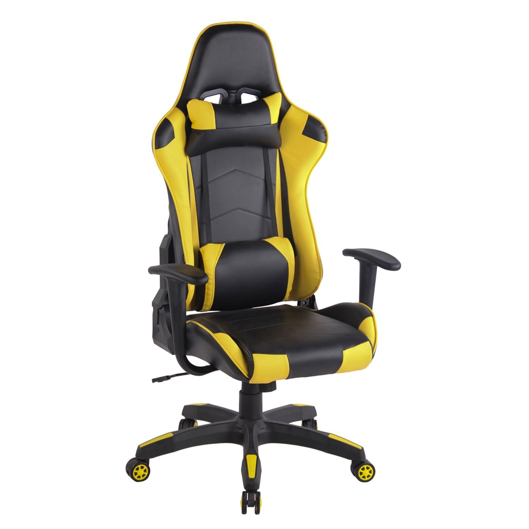 Krzesło Gamingowe DARIUS z Podnóżkiem, Odchylane Oparcie, z Poduszkami, Skóra, Czarno-Żółte