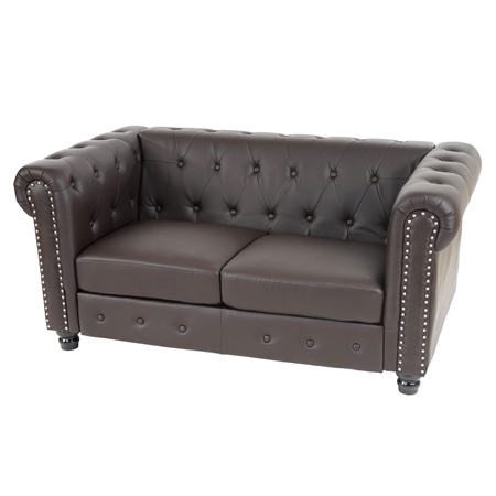 Sofa 2-osobowa CHESTER, Klasyczny i Elegancki Design, Skóra, Zaokrąglone Nóżki, Kolor Brązowy