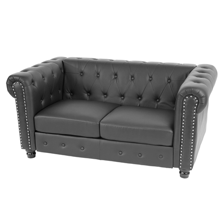 Sofa 2-osobowa CHESTER, Klasyczny i Elegancki Design, Skóra, Zaokrąglone Nóżki, Kolor Czarny
