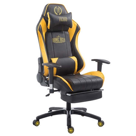 Krzesło Gamingowe TURBO z Podnóżkiem, Odchylane Oparcie, Poduszki: Lędźwiowa i Szyjna, Czarno-Żółte