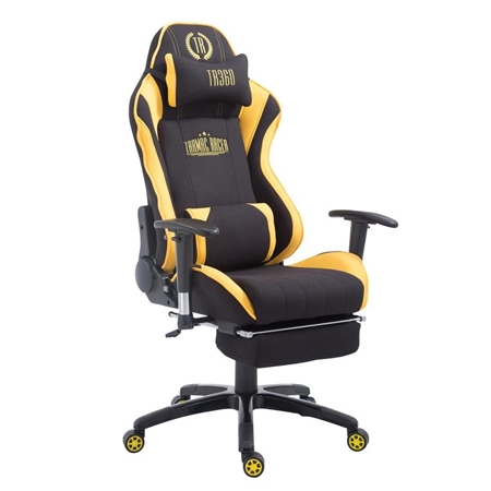 Krzesło Gamingowe TURBO TKANINA, z Podnóżkiem, Odchylane Oparcie, Poduszki: Lędźwiowa i Szyjna, Czarno-Żółte
