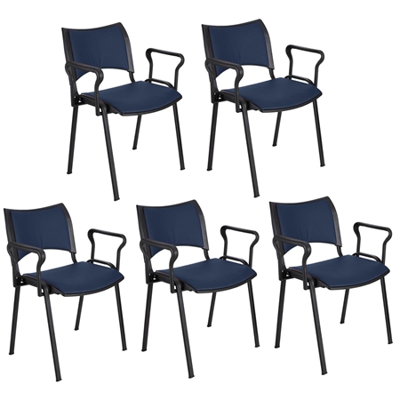 Zestaw 5 szt. Krzesło Konferencyjne ROMEL Z PODŁOKIETNIKAMI SKÓRA, Sztaplowane, Czarne Nogi, Niebieskie