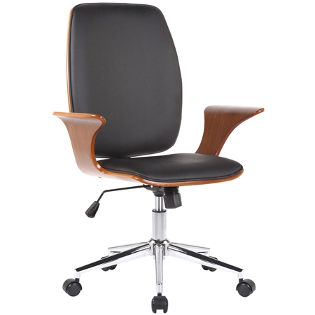 Krzesło Biurowe BOMBAI, Elegancki Design, Metalowa Podstawa, Drewno kolor Orzech i Skóra kolor Czarny