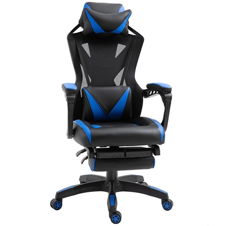 Krzesło Gamingowe BLUR, z Podnóżkiem, Odchylane, Poduszki Lędźwiowa i Szyjna, Skóra i Siatka kolor Czarno-Niebieski