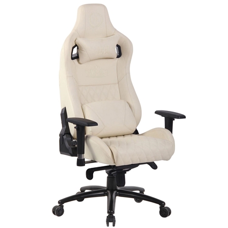Krzesło Gamingowe KAREN, Odchylane Oparcie, z Poduszkami Lędźwiową i Szyjną, Skóra Naturalna kolor Kremowy